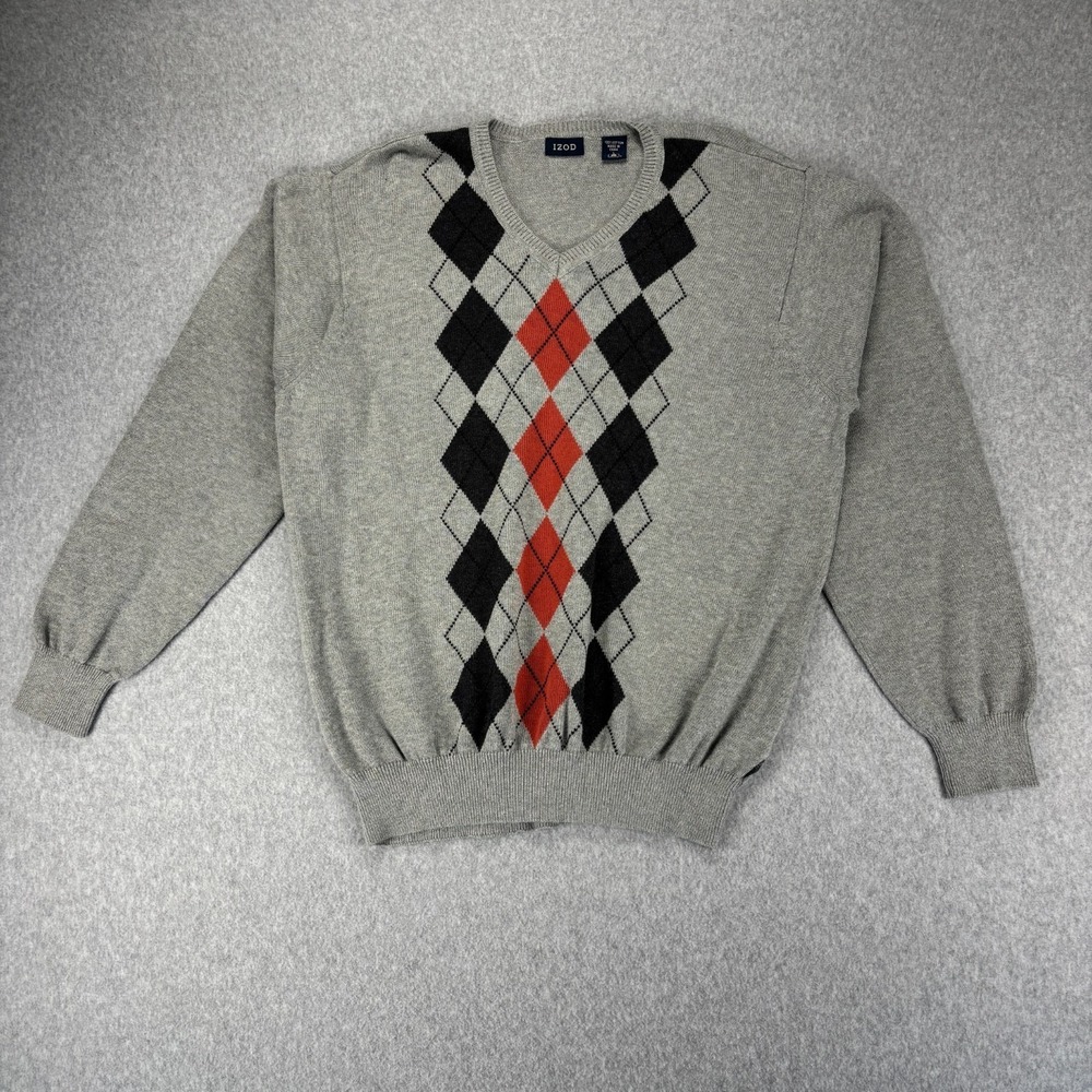 IZOD Sweater‎ Mens L Argyle Preppy Cotton Pullover V-Neck Grandpa Academia